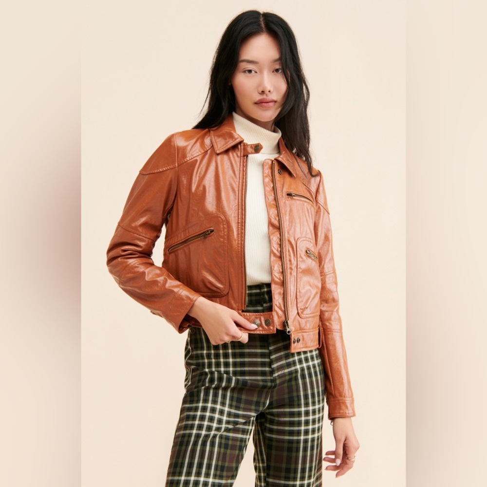 New Free People Brown Josie Vegan Leather Moto Jacket Coat sz L/Large